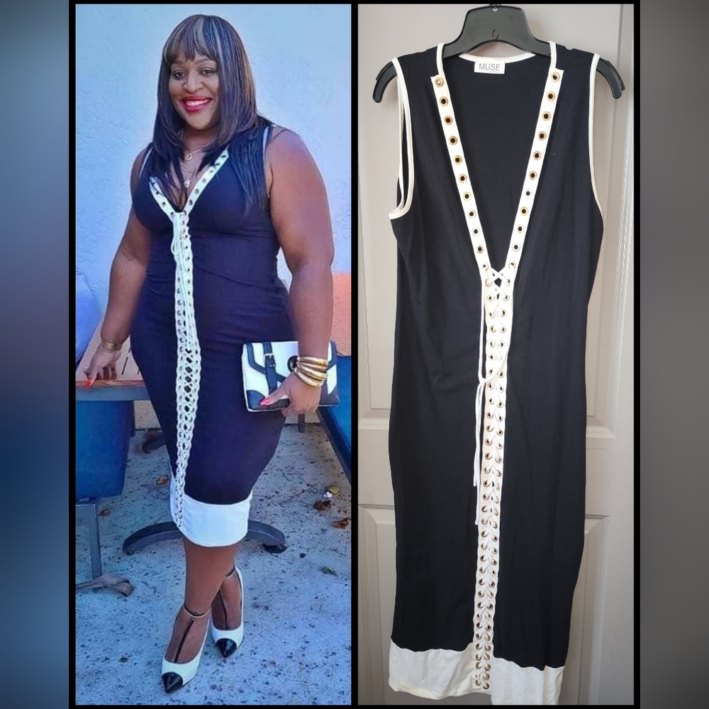 Stylish Black/White Lace Up Midi Dress